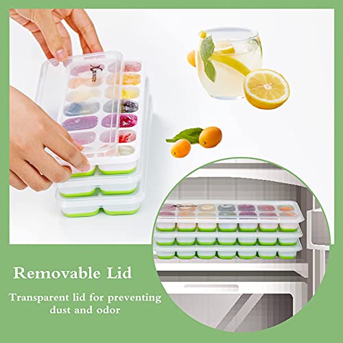 Ice Cube Trays 3 Pack, Silicone Ice Tray with Lid 14-Ice Cube Trays Super Easy Release Ice Cube Molds, Dishwasher Safe and Stackable Durable,for Cocktail/Freezer/Beverages (Green) …