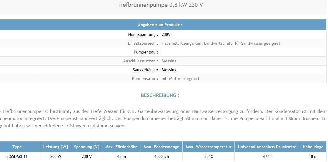 Tiefbrunnenpumpe Brunnenpumpen sandverträglich Edestahl 6300l/h 230V 800 W 90 mm +AUTOPRESS MALEC-POMPY