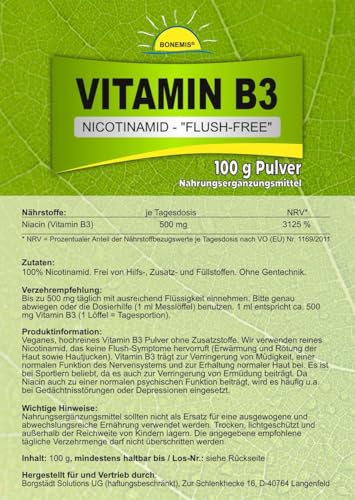 Bonemis® Vitamin B3 (Nicotinamid, „flush-free“), Pulver, vegan, Premiumqualität ohne Zusatzstoffe, 100 g im umweltfreundlichen Beutel aus Kraftpapier
