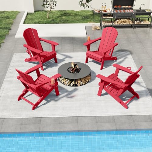 Patio Kingdom Folding Adirondack Chairs with Cup Holders, Set of 4 HDPE Plastic Outdoor Chairs, Weather Resistant, Real Wood Look, Heavy-Duty Patio Furniture for Deck, Fire Pit, Backyard, Red