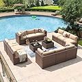 Aoxun 14 Piece Patio Furniture Set Wicker Rattan Patio Conversation Set Outdoor Sectional Sofa Set with Coffee Table and 4” Thickened Cushions, Beige(Waterproof Cover Included)