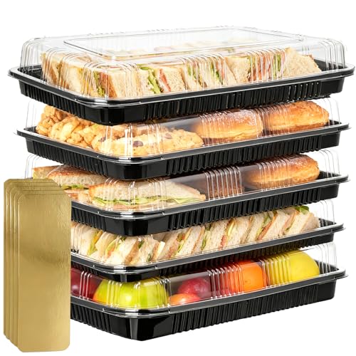 Houbobo Reusable Sandwich Platter Trays - 5 Pack Premium PP Serving Platters Buffet Trays with Lids for Party Food Sandwiches Cake (34cm x 24cm)