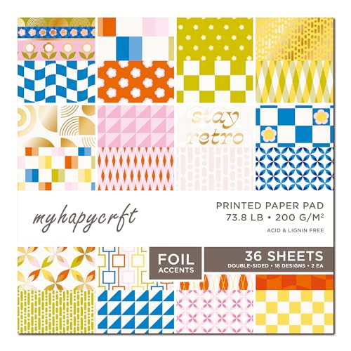 MYHAPYCRFT Scrapbook Paper Pad, 36 Sheets Double-Sided Design Paper with Foil Accents, 200GSM Decorative Cardstock for Card Making, Scrapbooking, Junk Journaling, 12" x 12" Mid Modern