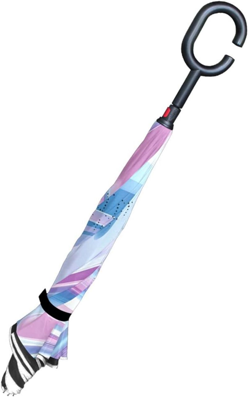 Pink Holographic Swirl Inverted Umbrellas for Rain Windproof Reverse Upside Down Golf Umbrella with C-shape Handle for Men Women