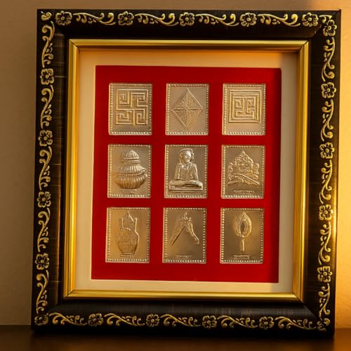 Image of Silver 999 Jain Asht Mangal Darshan Wooden Frame | Jain Ashta Mangal Symbols Wall Art for Puja Room, Gift | Swastik Shrivatsa Nandyavarta Vardhman Kalash Mirror Bhadrasan Pair of Fish-15x12x2 CM