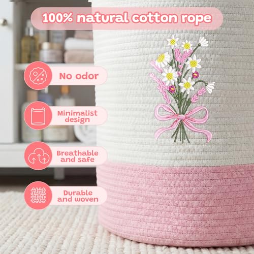 Image of Honeydak Pink Bow Cotton Rope Laundry Basket Hamper, Flower