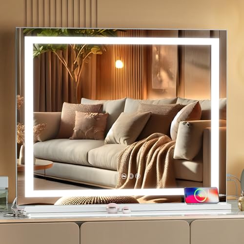 Leishe Vanity Mirror with Lights and Crystal Diamond 32"x23" Large Makeup Mirror with LED Lights Strip Lighted Diamond Makeup Mirror 3 Color Lighting Modes for Desk 10x Magnification