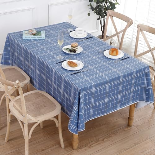 Image of Heavy Duty Vinyl Tablecloth with Flannel Backing Waterproof Oil-Proof Plastic Table Cloth Stain-Resistant Wipeable Rectangle or Square Table Cover for Indoor and Outdoor (Blue Grid,60x102 Inch)