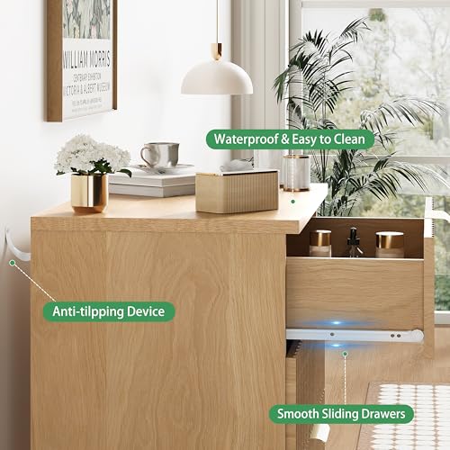 Image of Xixini Fluted Nightstand, 31.5 inch Wide Side Table with 4 Large Storage Drawers, Mid Century Modern Wood Night Stand with Metal Handle, Wooden Bedside End Table for Bedroom, Natural Oak