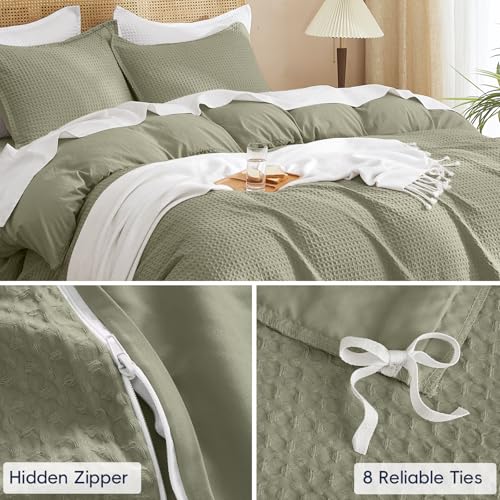 Image of PHF Waffle Duvet Cover Set King Size, No Snagging Ultra Soft Luxury Textured Breathable Comforter Cover for All Season 3pcs, Durable Bedding Duvet Set with 2 Pillow Shams, 104 inchx90 inch, Dusty Sage