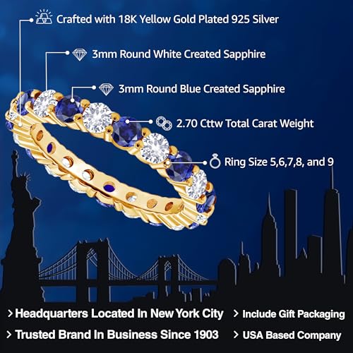 Gem Stone King 18K Yellow Gold Plated Silver Round Blue and White Created Sapphire Eternity Band Ring For Women | 2.70 Cttw | Gemstone Birthstone | Available In Size 5, 6, 7, 8, 92