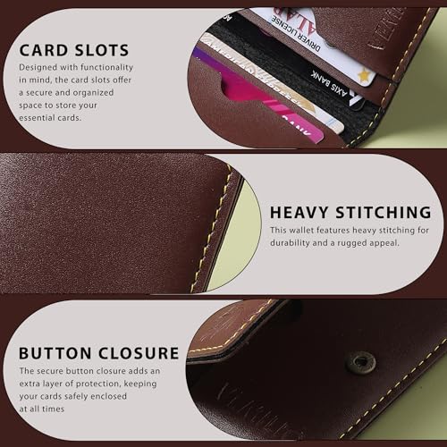 Image of VEMILIO Vegan Leather Card Holder Wallet for Men & Women | Slim Bi-Fold Design | RFID Protected | Button Closure | 3-4 Card Slots | Durable & Travel-Friendly (Brown)