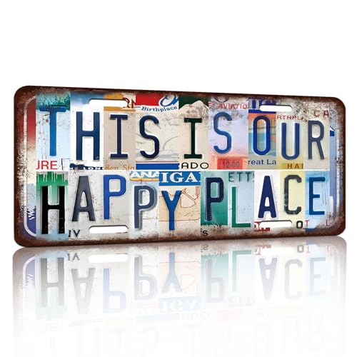 Vintage License Plate Wall Decor This Is Our Happy Place Metal Tin Sign for Home Office Garage Bar Restaurant Living Room Garden Yard 12 x 6 Inches (25100)