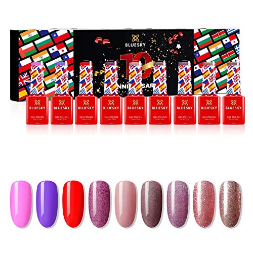 Bluesky Gel Nail Polish Set, 10 Year Anniversary - Full Collection. 9 x 5ml. Pink, Purple, Red, Mauve, Nude, Pastel, Fine Glitter (Requires curing under UV/LED Lamp)