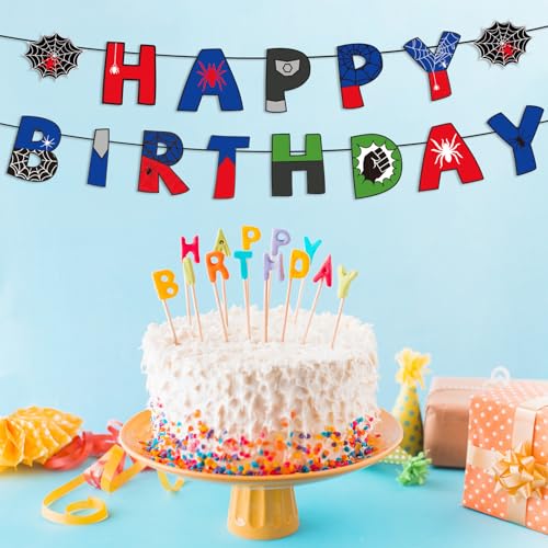 Estandarte Happy Birthday Tema Araña, Guirlanda Banderines Acción Pre-ensartada Decoraciones de Cumpleaños Dibujos Animados Perfectas para Suministros de Fiesta para Niños