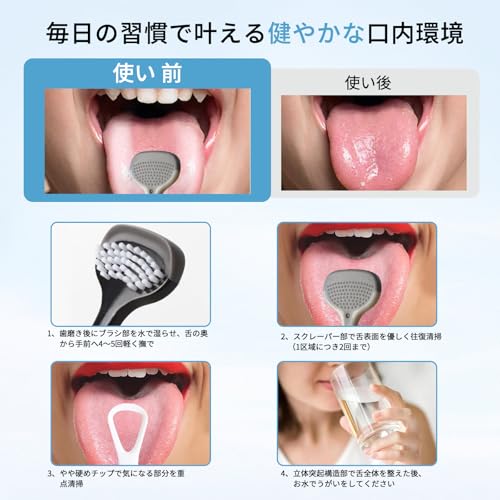 Gegoup 舌ブラシ 舌磨き ブラシ 舌クリーナー 3効果 口臭ケア 多機能 舌苔 除去 低刺激 口臭対策 口臭予防 人間工学設計 防滑グリップ 嘔吐反射防止 歯科専売品 携帯用 家庭用 の商品画像 3