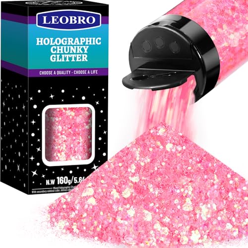 LEOBRO Pink Glitter, 160g/5.64oz Pink Chunky Glitter for Crafts, Resin, Body Nail, DIY Decorations, Iridescent Pink