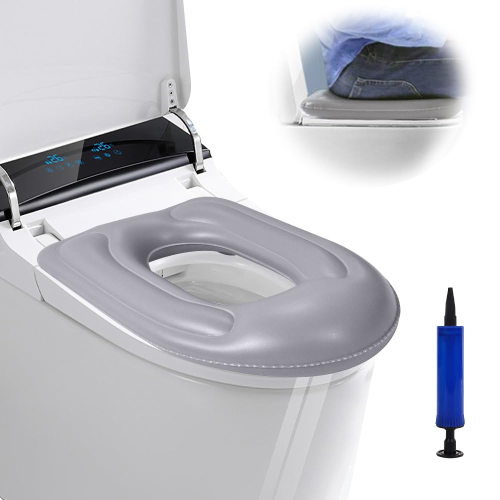 WDKXCNInflatable Toilet Seat Cushion, Donut Pillow with Pump, Adjustable Toilet Seat with Suction Cup, Toilet Support Cushion for Adults, Elderly, Disabled, Coccyx Pain Relief, 47 x 40 x 11 CM