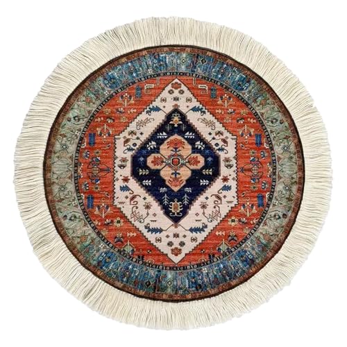 Round Persian Style Carpet Mouse Pad – Vintage Miniature Bohemian Rug Desk Pad, Non-Slip Computer Mouse Mat with Fringed Edges, Elegant Table Decor for Home & Office Accessories