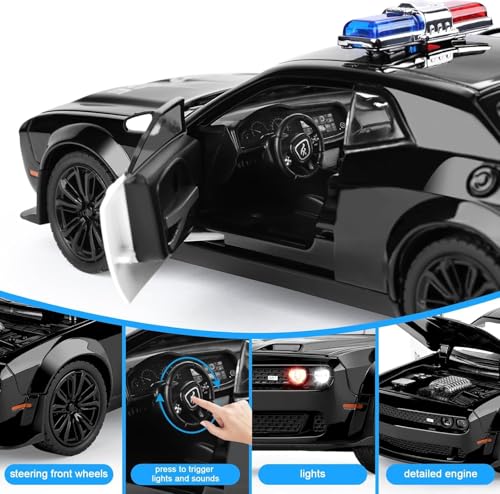 Image of DEOXY Dodge Challenger SRT-Police | 1:24 Scale | Die-Cast Model Metal Pull Back Toy Car For Kids With Openable Doors & Light, Music Toy Vehicle For Kids, Black