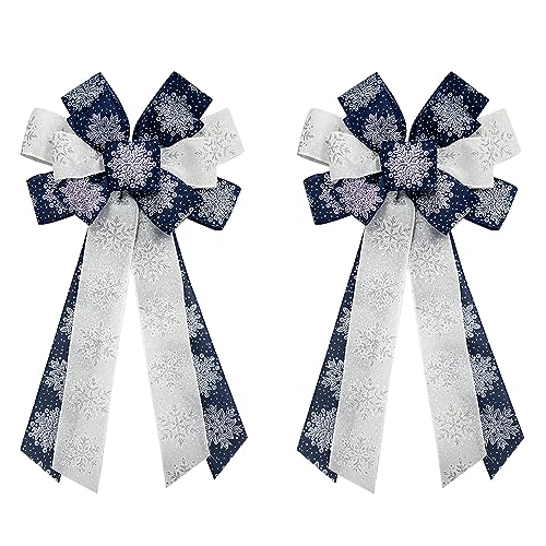 2PCS Christmas Wreath Bows Christmas Decor Bows Navy Blue Snowflake Ribbon Bows for Wreath, Christmas Tree Topper Bows for Christmas Party Decoration Home Indoor Outdoor Xmas Wreath Ornament Supplies