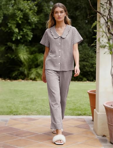 Image of Flygo Womens Gingham Pajamas Set Cotton 2 Piece Pj Set Scalloped Collar Babydoll Shirt Pants Plaid Y2K Lounge Sets