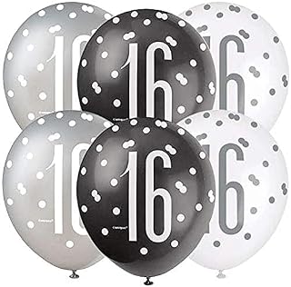 Unique 83382 Dots 16th Birthday Latex Balloons, 12" | Assorted | 6 Pcs, Black, Age 16