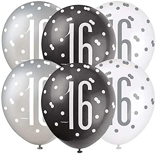 Deluxe 16th Birthday Glitz Latex Balloons - Elegant Black, Silver & White Combo - Elegant Party Decor for Age 16 Celebrations - 6 Pcs