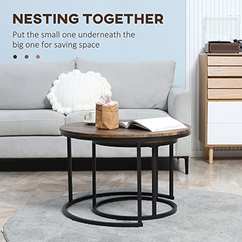 Homcom Round Nesting Tables Set Of 2, Stacking Coffee Table Set With Metal Frame For Living Room, Rustic Brown #TOP3