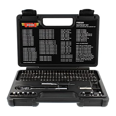 VIM Tools Flex Head Ratcheting Wrench Set - 89pc 1/4in Drive 3-Way Ratcheting Screwdriver Set with Bits and Sockets Cover
