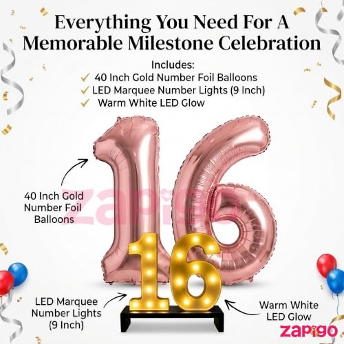 Image of Balloonistics Rose Gold 40-Inch Foil Number 60 Balloon with Matching LED Marquee Light - Combo Set for 60th Birthday, Anniversary, Party Decoration, Photo Booth Backdrop