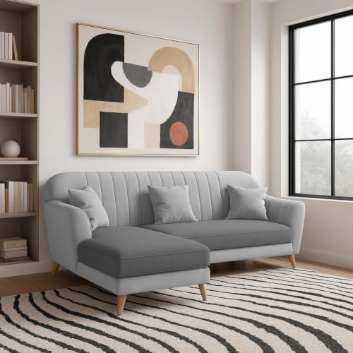 Image of Atticus LHS 4 Seater L Shape Sofa Set with Ottoman for Living Room (Grey & Dark Grey Fabric) Premium Fabric Sofa Set