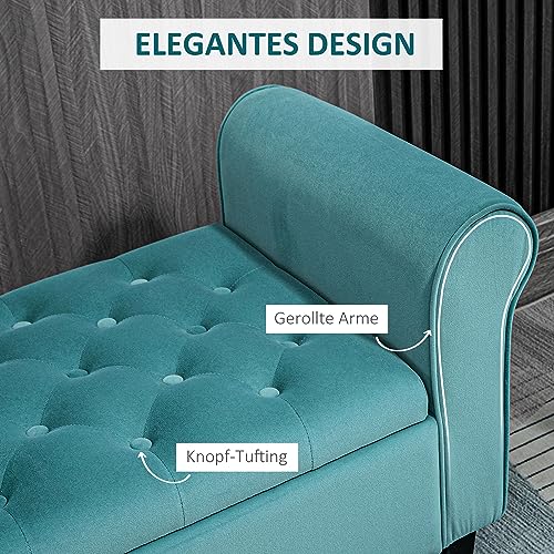 HOMCOM Sitzbank mit Stauraum Polsterbank mit Samt-Bezug, Armlehne Bettbank mit Holzbeinen, Schuhbank für Schlafzimmer, Wohnzimmer, Flur 126 x 48,5 x 57 cm Grün