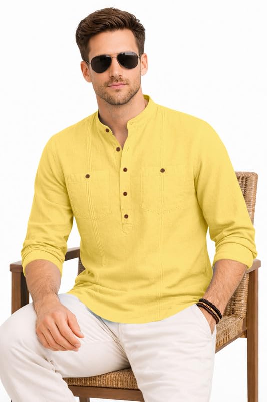 Image of ROYALSCOUT Men's Cotton Polyester Blend Kurta Style Shirt with Mandarin Collar, Half Button Placket, Dual Chest Pockets, Long Sleeve Casual Ethnic Fusion Wear for Office, Festive and Daily Use