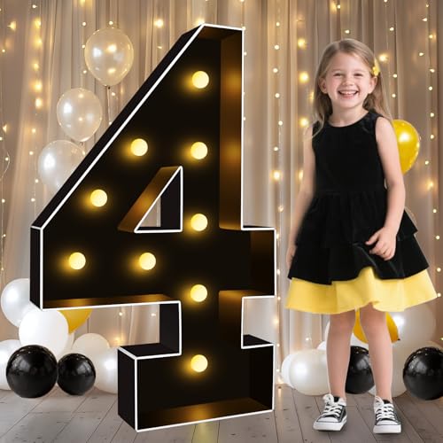 Image of Pooqla 3FT Marquee Light Up Numbers 4 for 4th 40th Birthday Decorations | Black LED Marquee Numbers Party Backdrop, 3 Feet Large Mosaic Numbers 4th 40th Anniversary Birthday Gift for Boys Men