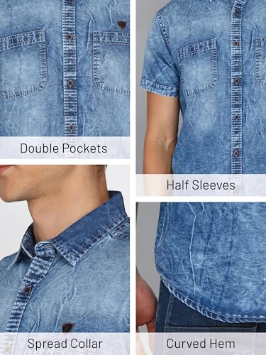 Image of Kuons Avenue Men's Stonewash Denim Shirt | Half Sleeve | Regular Fit | | Double Pocket Solid Denim Shirt