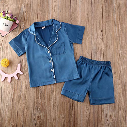 fyclemt Toddler Baby Girl Boy Silk Pajamas Set Solid Color Short Sleeve Button Shirts Top Shorts Satin Sleepwear Lounge Sets3
