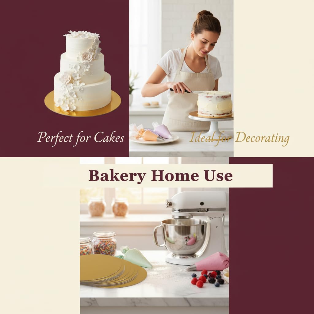 KHAANA PACKAGING 12-Inch Round Cake Base Boards | MDF Cake Plate, Gold, Set of 5 | Disposable Cake Circles, Scalloped Cardboard Cake Boards for Cakes, Pastries, & Desserts | Premium Cake Base Circles 4