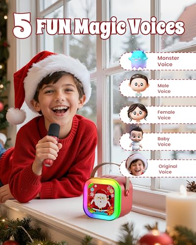 Image of CscyyAmz Santa Style Mini Karaoke Machine with 2 Wireless Microphones, Portable Bluetooth Speaker, Battery Powered, for Kids 4-12 Years (Santa Red)