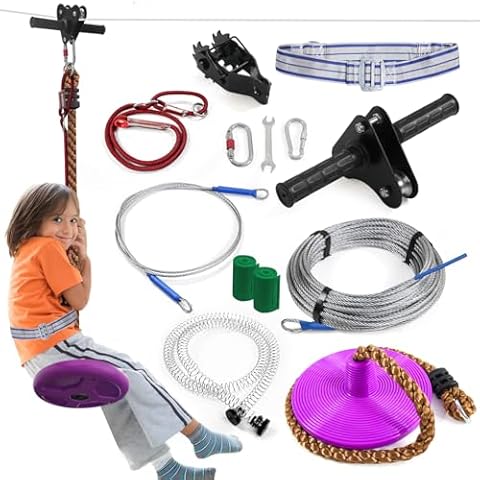 Zip line Kit 100ft for Kid and Adults up to 400lb-Special Retractors and Thickened Disc Seats,Zipline Kit for Backyard Cover