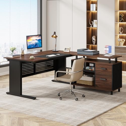 Image of Tribesigns 63 Inch Executive Desk with File Cabinet, Large Office Desk L Shaped Computer Desk with Drawers and Storage Shelves, Business Furniture Desk for Home Office, Dark Walnut and Black