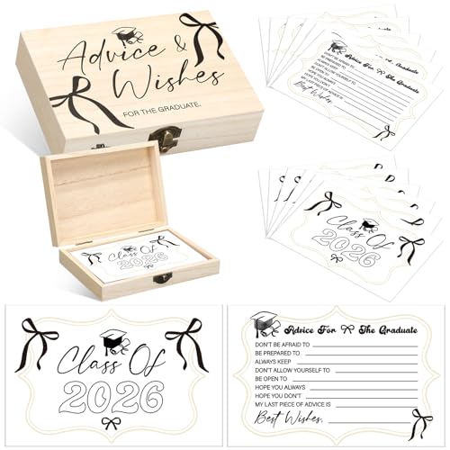 Tinlade 50 Pcs Black Bow Graduation Advice & Wishes Cards with Wooden Box Class of 2026 Grad Party Supplies Guest Book Alternative Double Sided Cards Games Party Favors for High School College