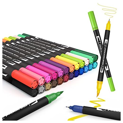 Koilox Juego de rotuladores con pincel para acuarela, 24 colores con dos puntas, rotuladores de punta fina, marcadores a base de agua