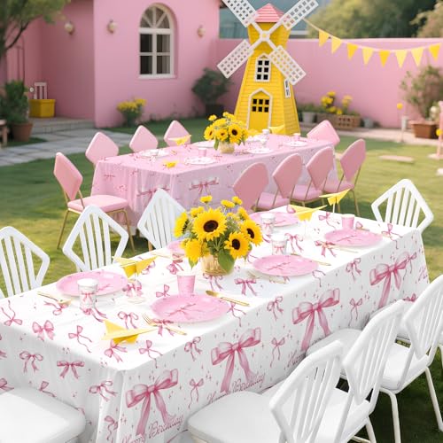 Image of Gatherfun Pink Bow-Themed Party Supplies Set for Women: Happy Birthday & Bachelorette Decorations Combo - Includes 2 Disposable Tablecloths (54 x 108 inch) for Birthday & Tea Party Decorations