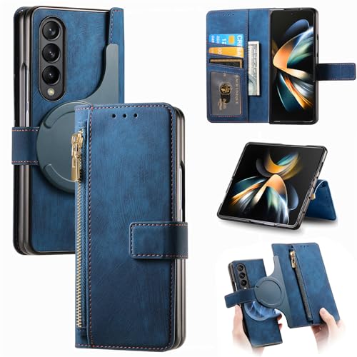 Asuwish Compatible with Samsung Galaxy Z Fold 4 5G 2022 Zipper Wallet Case RFID Blocking Magnetic Detachable Flip Credit Card Holder Cell Accessories Phone Cover for ZFold4 Z4 Fold4 4Z ZFold45G Black