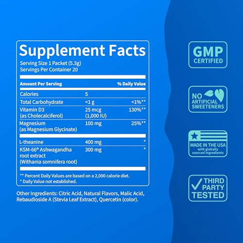 Image of Nello Supercalm Powdered Drink Mix, Cortisol Reducer* and Sleep Aid Supplement, L Theanine, Ksm-66 Ashwagandha, Magnesium Glycinate, Vitamin D 3, No Sugar, Non GMO, On The Go, 20 Ct, Lemon Lime