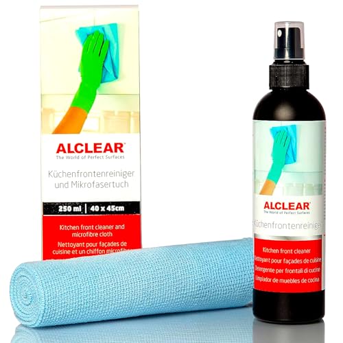 ALCLEAR 721KR Nettoyant pour façades de cuisine 250ml avec chiffon microfibre 40x40cm, pour façades brillantes, laquées, plastique, sans alcool, sans solvant,...