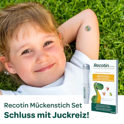RECOTIN 30x Mückenpflaster + 15ml Roll On Set - 100% natürliche Wirkstoffe - pflegt & kühlt - Insektenstichheiler Set - Urlaub Must Haves - Pflaster gegen Mückenstiche und Bienen