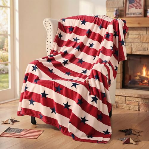 Patriotic Throw Blanket: Soft 4th of July Flannel Blanket 50x60 Inch Red White Blue Decorations American Flag Stars Stripes Decor for Couch Sofa Memorial Day July 4th Decor Americana Gifts