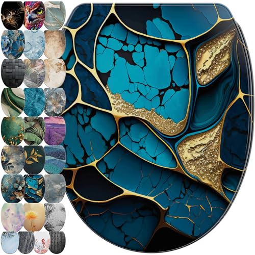 Sanilo WC Sitz mit Absenkautomatik & Schnellverschluss, Toilettendeckel per Knopfdruck abnehmbar, einfache Montage von oben (Marmor Cobalt)